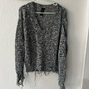 IRO Jeans Gray Open Weave V Neck Distressed Pullover Sweater Long Sleeve XS